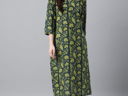 Indian Clothing Janasya Women s Dark Green Cotton Floral Printed Casual Straight Kurta Sale