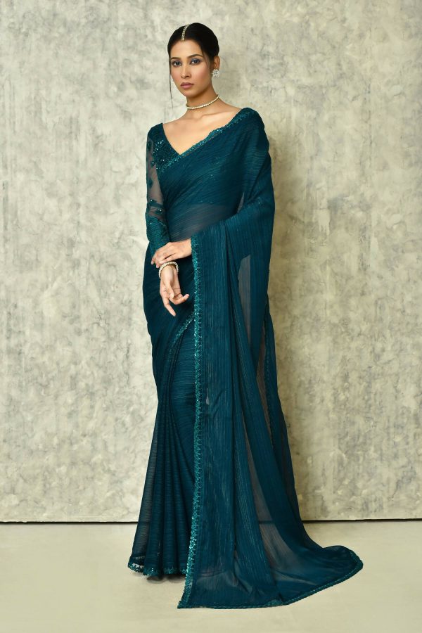 Teal Silk Solid Saree With Blouse Piece - Purvi For Discount