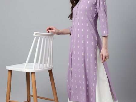 Indian Clothing Janasya Women s Lavender Crepe Foil Print Casual Straight Kurta on Sale