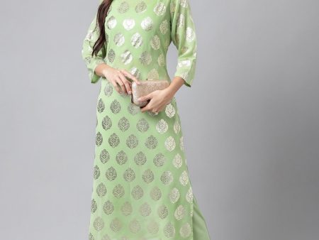 Indian Clothing Janasya Women s Light Green Georgette Foil Printed Straight Festive Kurta Set Discount