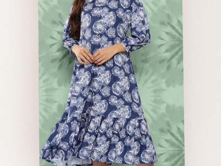 Janasya Women s Blue Crepe Digital Floral Printed A-Line Casual Dress For Discount