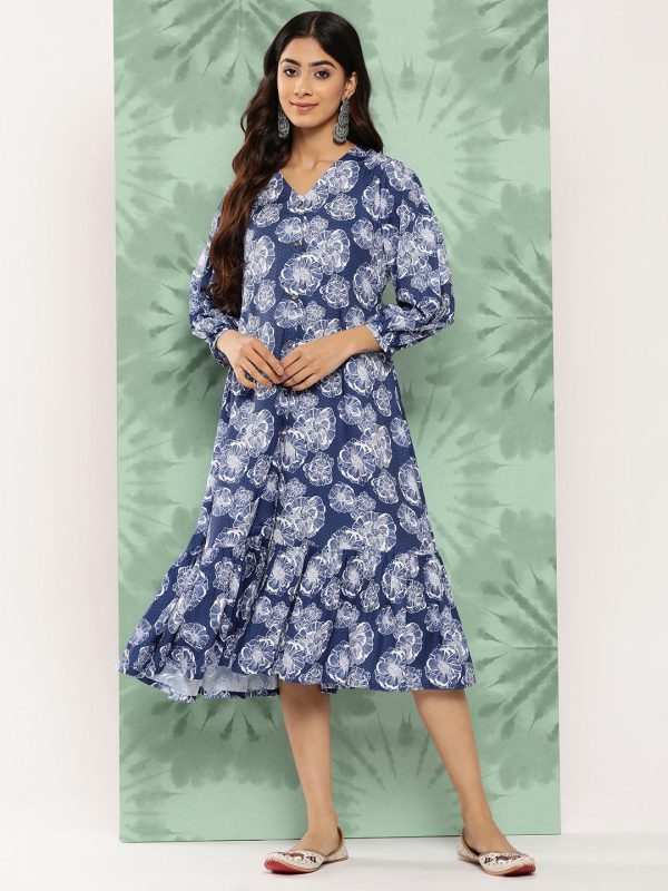 Janasya Women s Blue Crepe Digital Floral Printed A-Line Casual Dress For Discount