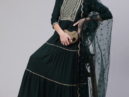 NOZ2TOZ Wome Green Embroidered Flared Dress With Net Dupatta Online now