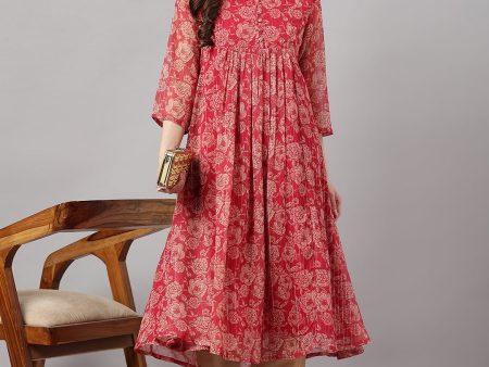 Indian Clothing Janasya Women s Dark Pink Chiffon Lurex Floral Printed Casual flared Kurta Online now