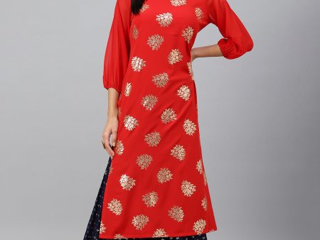 Indian Clothing Janasya Women s Red Crepe Floral Foil Print Casual Straight Kurta Online Hot Sale