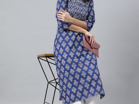 Indian Clothing Janasya Women s Blue Cotton Floral Printed Casual Straight kurta Online