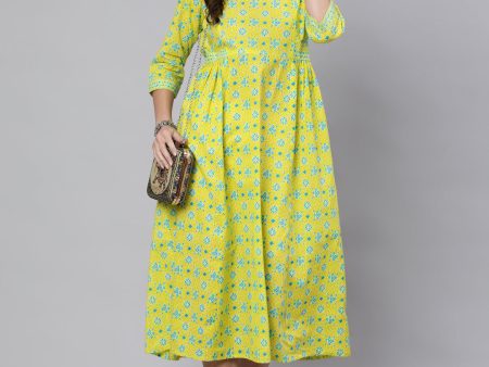 NOZ2TOZ Wome Yellow Ethnic Printed Flared Dress With Three Quarter sleeves For Cheap