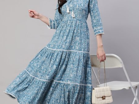 NOZ2TOZ Wome Blue Ethinc Printed Tired Dress With Tie up Neck Sale