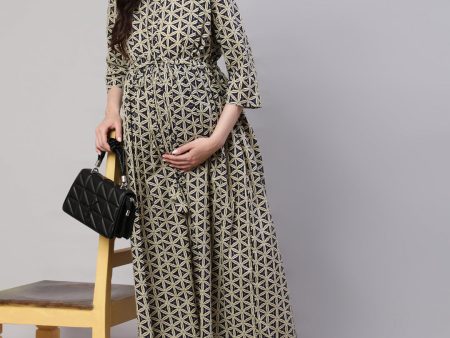 NOZ2TOZ Women Beige Printed Flared Maternity Dress Discount