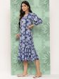 Janasya Women s Blue Crepe Digital Floral Printed A-Line Casual Dress For Discount