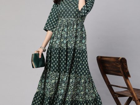 NOZ2TOZ Wome Green Printed Gathered Dress With Gotta Patti & Zari Work For Sale