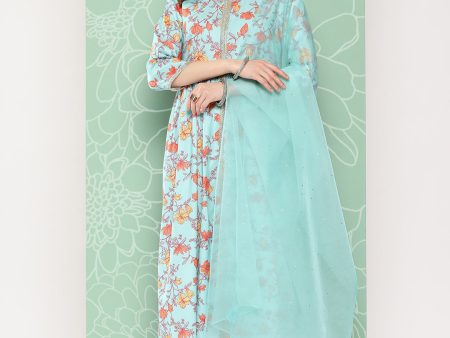 Janasya Women s Aqua Blue Moss Digital Floral Printed Gathered Festive Kurta Set Sale