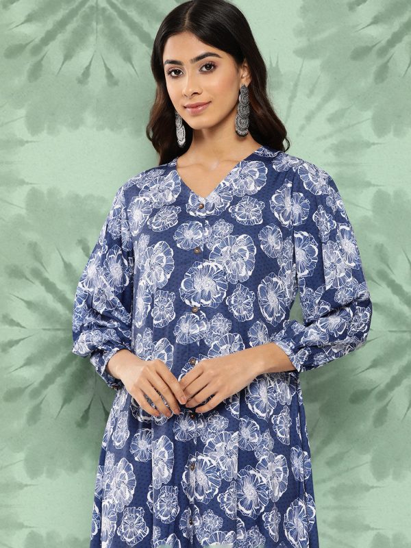 Janasya Women s Blue Crepe Digital Floral Printed A-Line Casual Dress For Discount