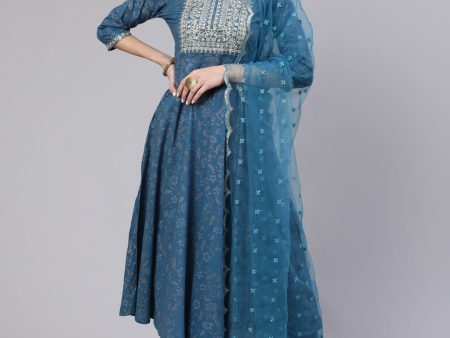 NOZ2TOZ Women Blue Embroidered Flared Kurta With Trouser And Dupatta Hot on Sale