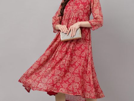 Indian Clothing Janasya Women s Dark Pink Chiffon Lurex Floral Printed Flared Casual Dress Online