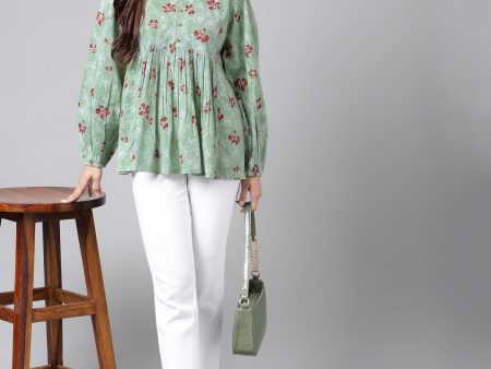 Indian Clothing Janasya Women s Green Cotton Floral Printed Casual Peplum Top Online now