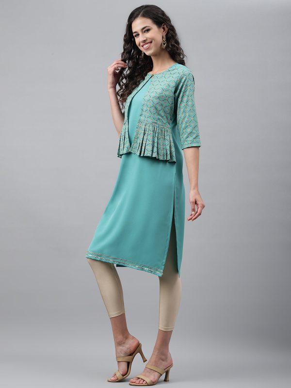 Janasya Women s Green Crepe Foil Printed Festive Jacket Style Kurta Online now