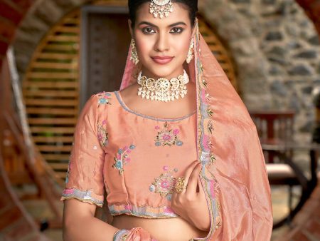 Peach Chinon Crushed Sequence and Thread Embroidery Work Lehenga Choli with Dupatta - Viharini For Discount