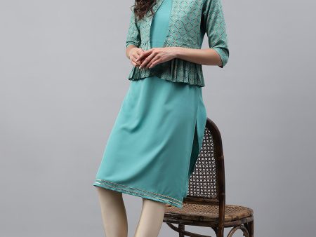 Janasya Women s Green Crepe Foil Printed Festive Jacket Style Kurta Online now