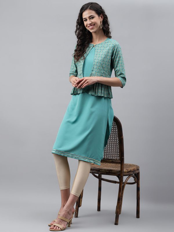 Janasya Women s Green Crepe Foil Printed Festive Jacket Style Kurta Online now