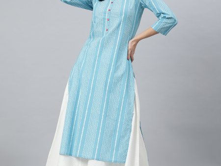 Indian Clothing Janasya Women s Blue Cotton Striped Casual Straight kurta For Cheap