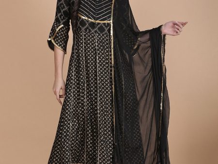 NOZ2TOZ Women Black Tie-Up Neck Floral Printed Kurta with Palazzos & Dupatta Cheap