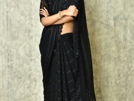 Black Silk Stripe Saree With Blouse Piece - Purvi Online now