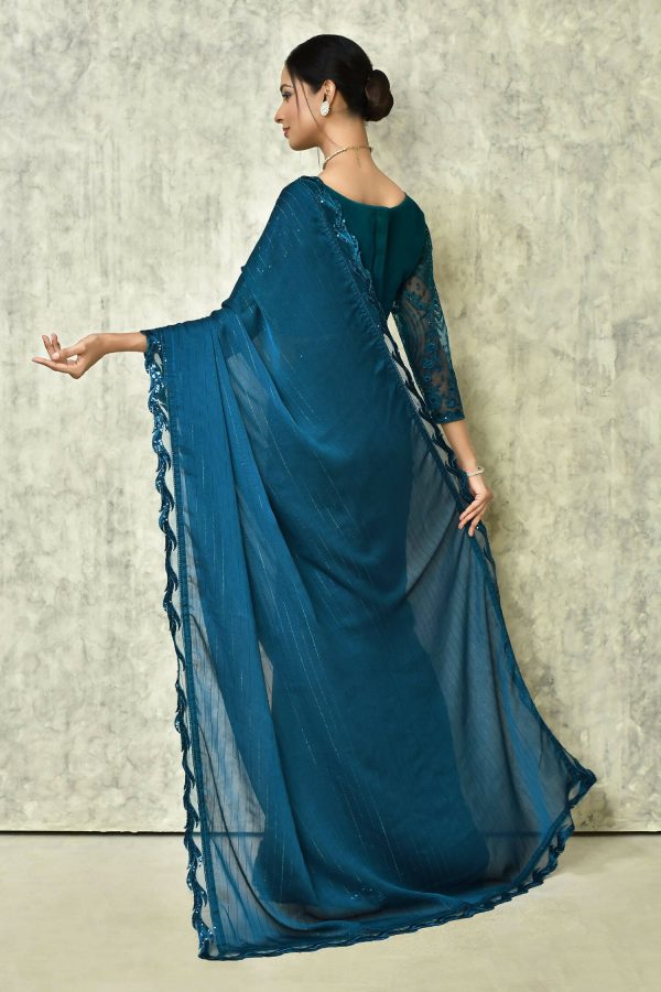 Blue Silk Stripe Saree With Blouse Piece - Purvi Cheap