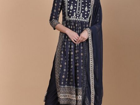 NOZ2TOZ Women Black Floral Printed Thread Work Kurta with Trousers & Dupatta For Sale