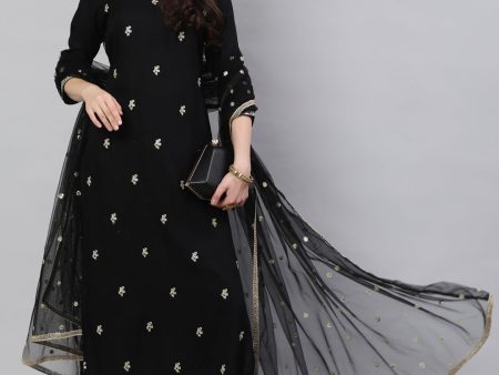 NOZ2TOZ Women Black Embroidered Straight Kurta With Trouser And Net Dupatta Fashion