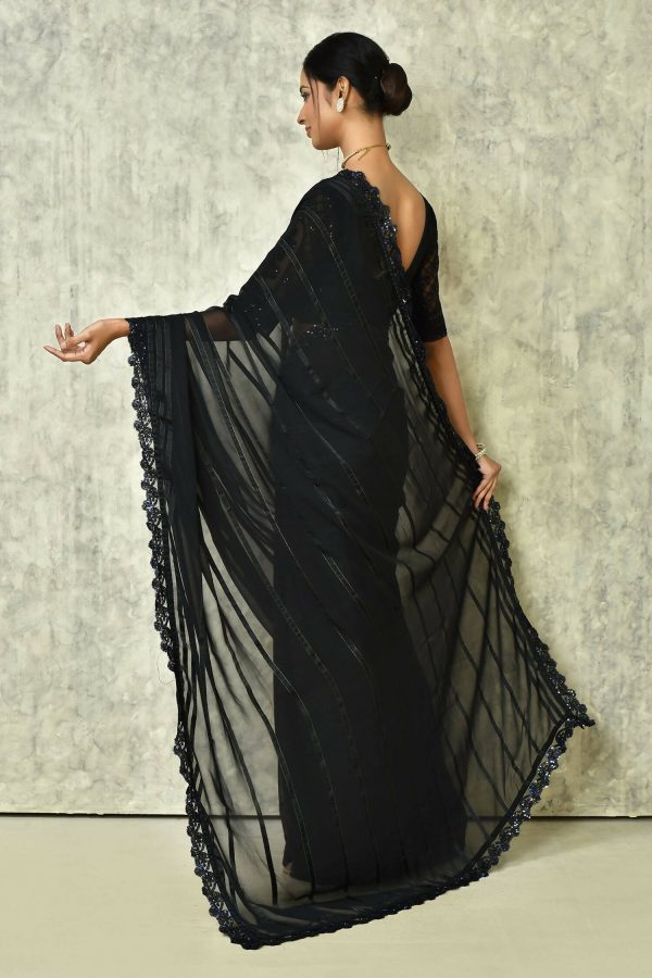 Black Silk Stripe Saree With Blouse Piece - Purvi Online now