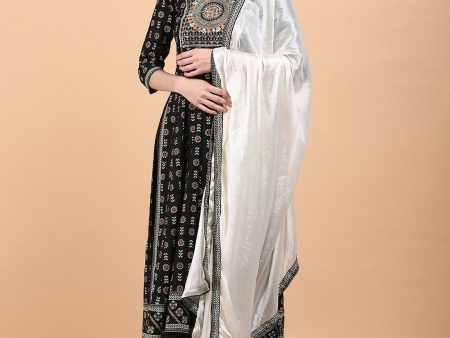 NOZ2TOZ Women Black Ethnic Motif Printed Thread Work High Slit Straight Kurta With Trousers & Dupatta For Discount