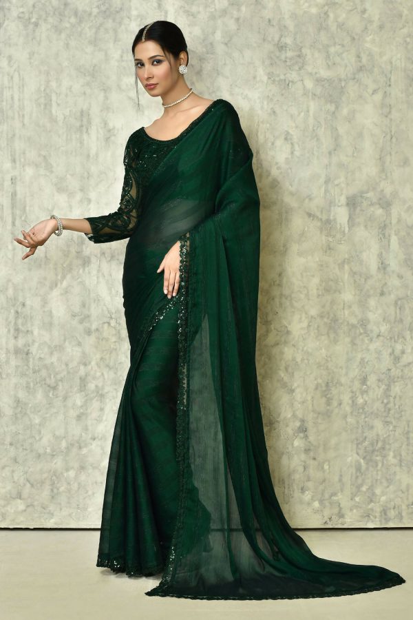 Dark Green Silk Solid Saree With Blouse Piece - Purvi Hot on Sale