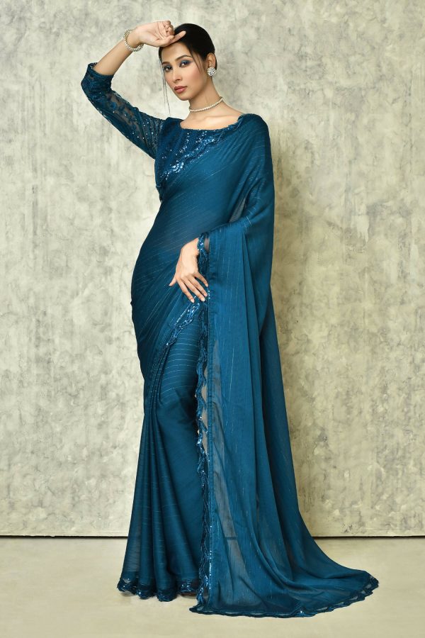 Blue Silk Stripe Saree With Blouse Piece - Purvi Cheap