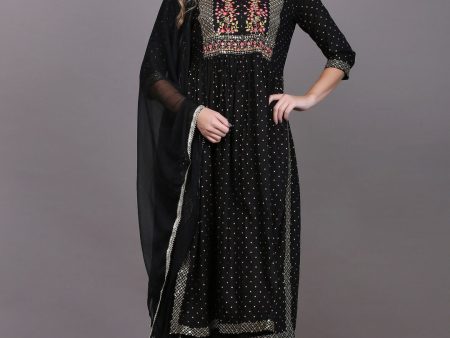 NOZ2TOZ Women Black Floral Yoke Design Thread Work Kurta with Palazzos & With Dupatta Fashion