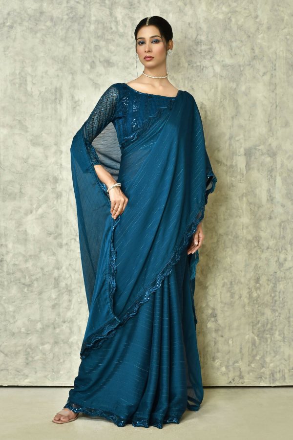 Blue Silk Stripe Saree With Blouse Piece - Purvi Cheap